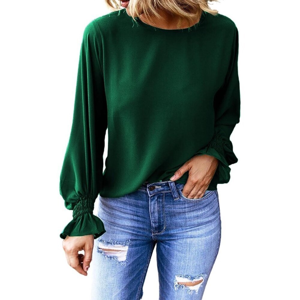 Women's Green Crew Neck Top Long Sleeve Ruffle Keyhole Casual Fall Wear